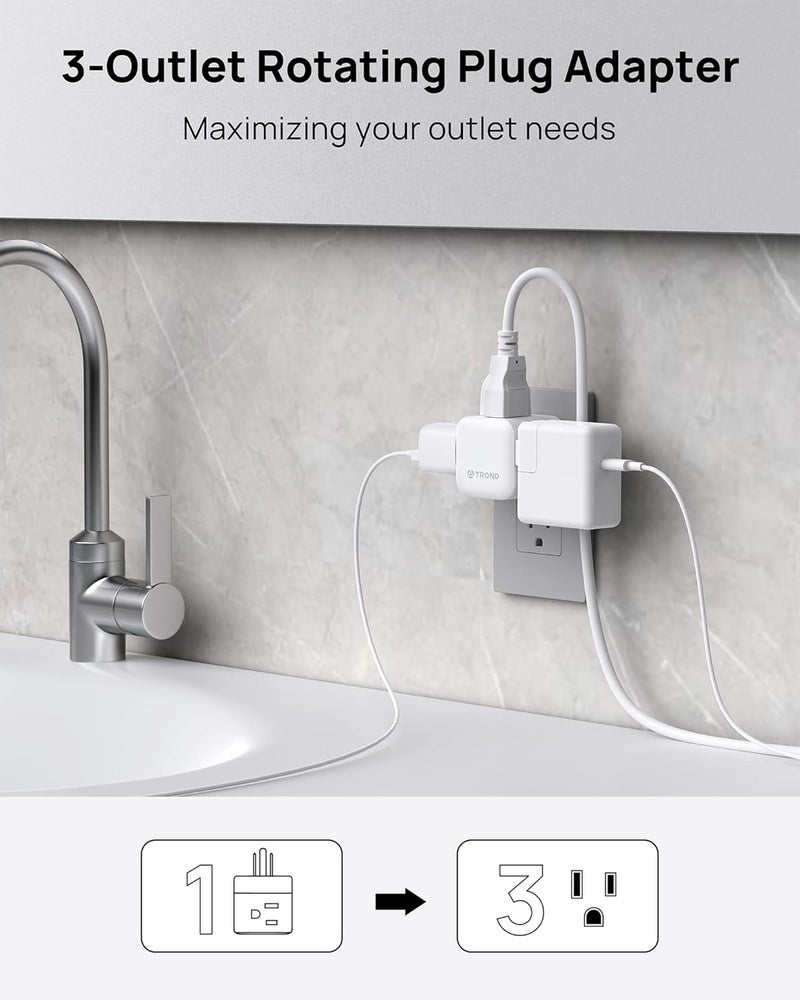 TROND Multi Plug Wall Outlet 2 Pack, 3 Way Outlet Adapter with 360 Rotating Plug, Cruise Ship Essentials, Small Wall Extender for Bathroom, Kitchen, Home, Office, Dorm - Image 2